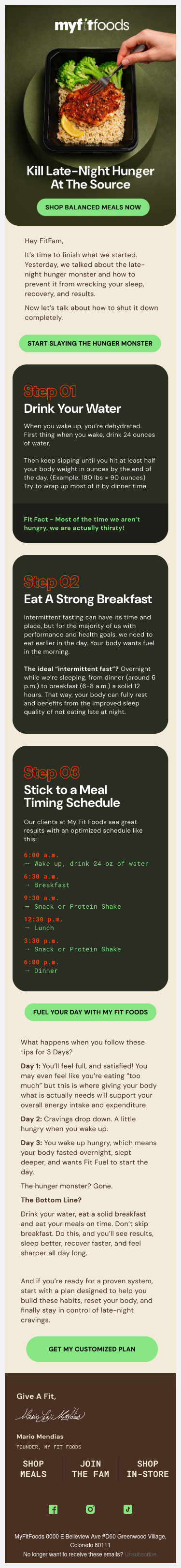 Full email screenshot: ⚔️ How to Slay the Hunger Monster from My Fit Foods