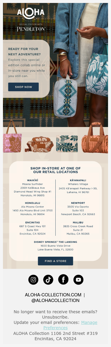 Full email screenshot: Almost Gone: Special Edition with Pendleton from ALOHA Collection