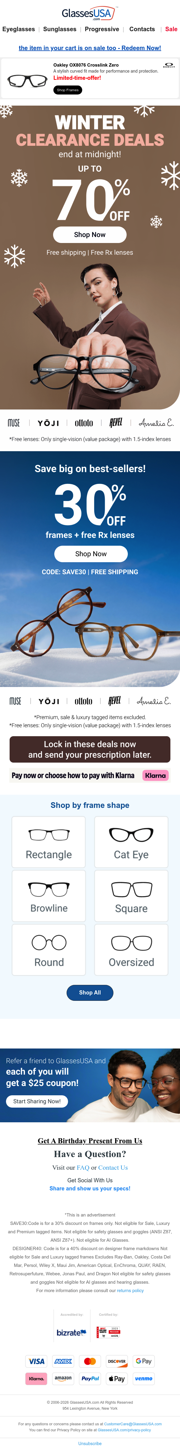 Full email screenshot: ENDS MIDNIGHT 👓 Our winter clearance sale is almost over! from GlassesUSA.com