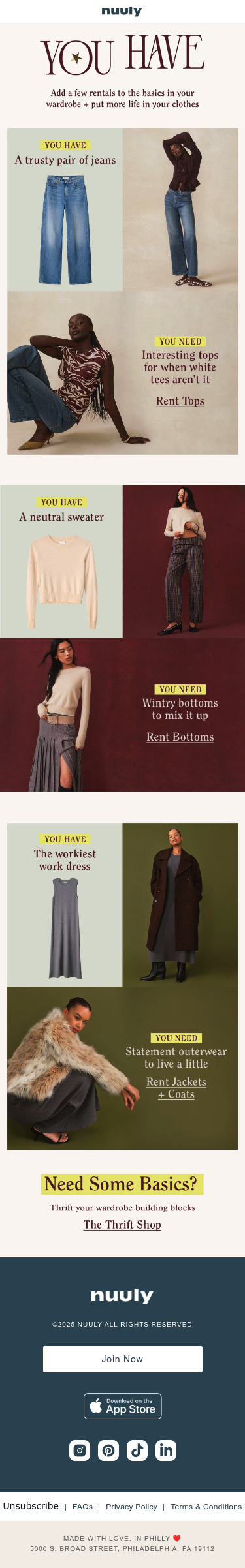 Full email screenshot: WHAT YOUR WARDROBE NEEDS from Nuuly