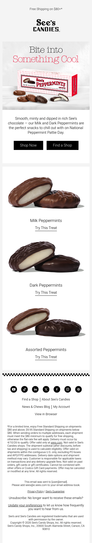 Full email screenshot: Happy National Peppermint Pattie Day! from See's Candies
