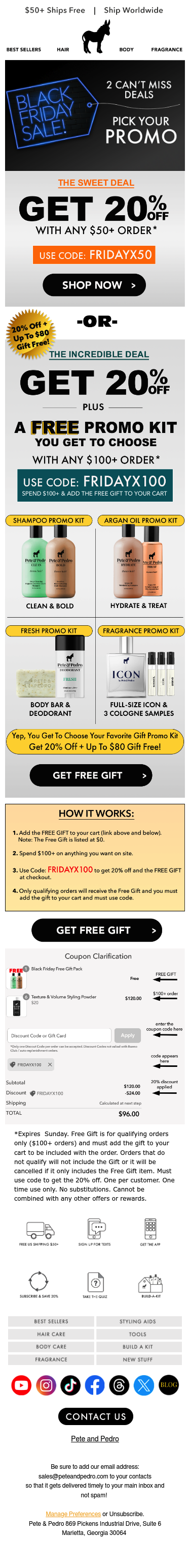 Full email screenshot: 🫏2 Can't Miss Deals! $80 Free Gift! Pick Your Promo! 🫏 from Pete & Pedro