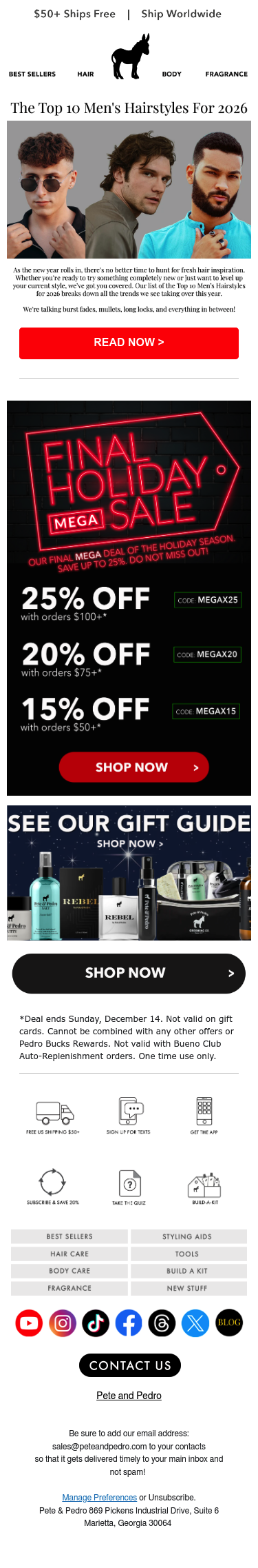 Full email screenshot: 🎉 Top 10 Men's Hairstyles For 2026! 🎉 from Pete & Pedro