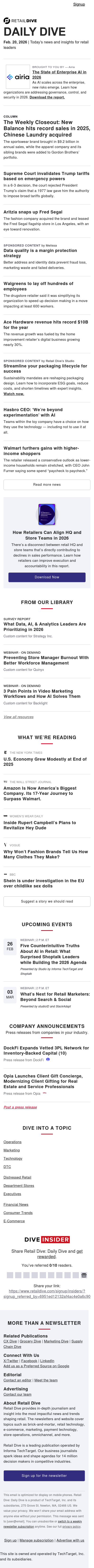 Full email screenshot: Feb. 20 - Aritzia buys Fred Segal | Layoffs at Walgreens from Supply Chain Dive