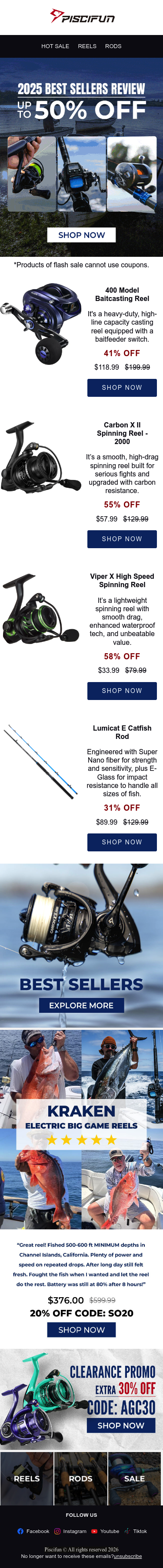 Full email screenshot: Rewind 2025: Top Sellers Now Up to 50% Off from Piscifun