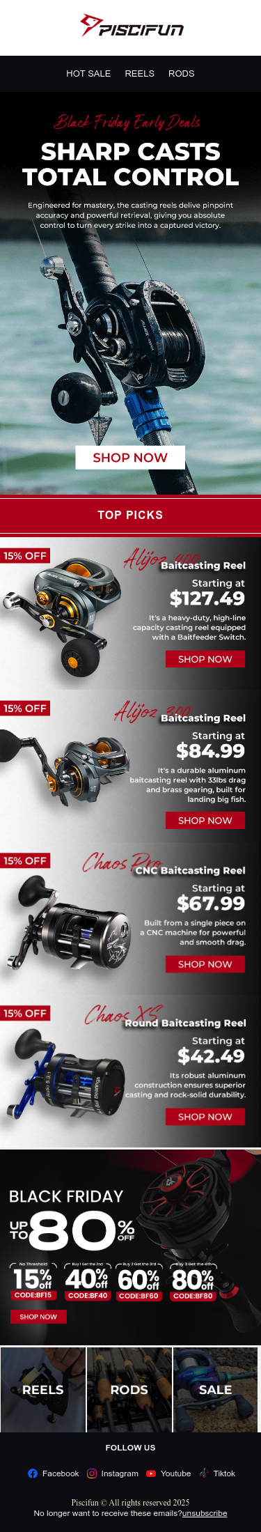 Full email screenshot: 🎣Black Friday Savings On Precision Casting Reels from Piscifun