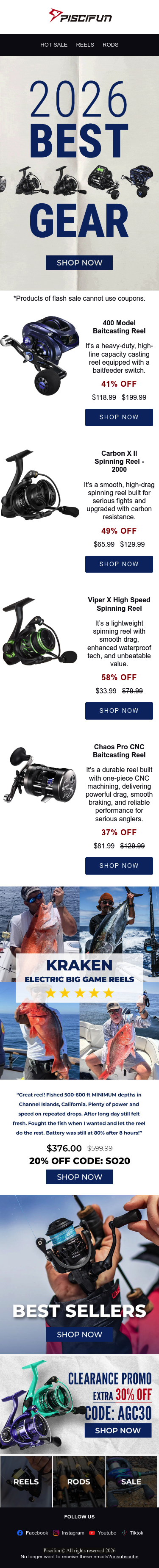 Full email screenshot: ⭐Start 2026 with New Gear: Top Fishing Picks Up to 50% Off from Piscifun