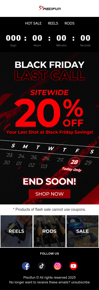 Full email screenshot: ⏳Last Call! Your Exclusive 20% OFF Ends Soon! from Piscifun