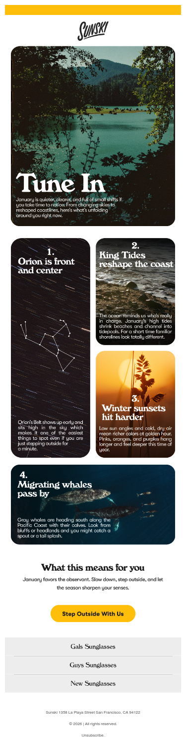 Full email screenshot: tune in, january edition from Sunski
