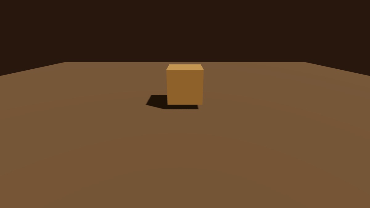A single orange cube on a brown floor, casting a shadow