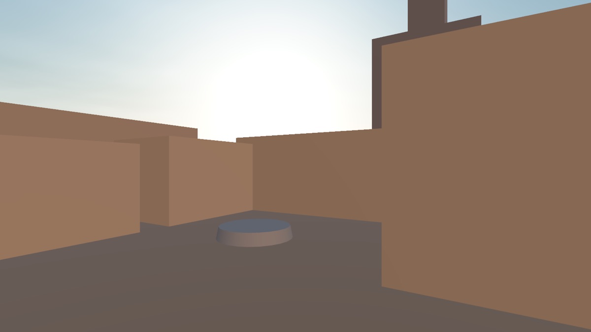 The town square as plain tan blocks with a flat disk where the fountain goes