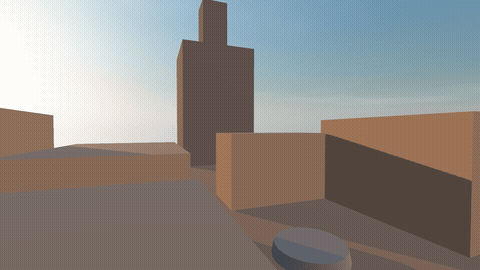 Animated camera drifting over the gray-box blocks of the square