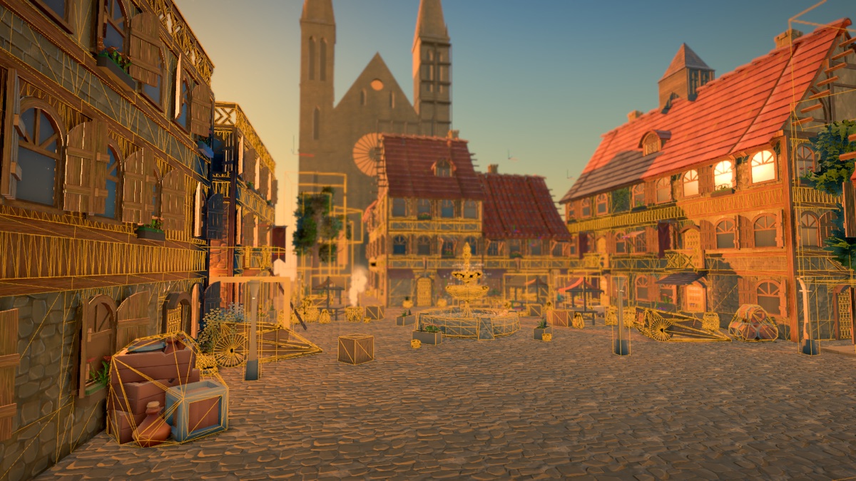 The square with yellow wireframe outlines over every collidable object