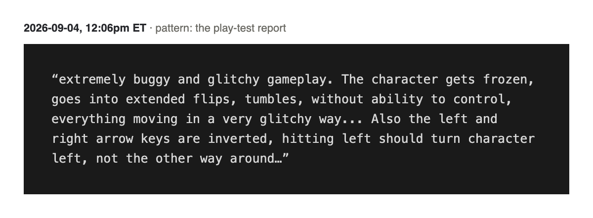 Prompt card with my playtest bug report