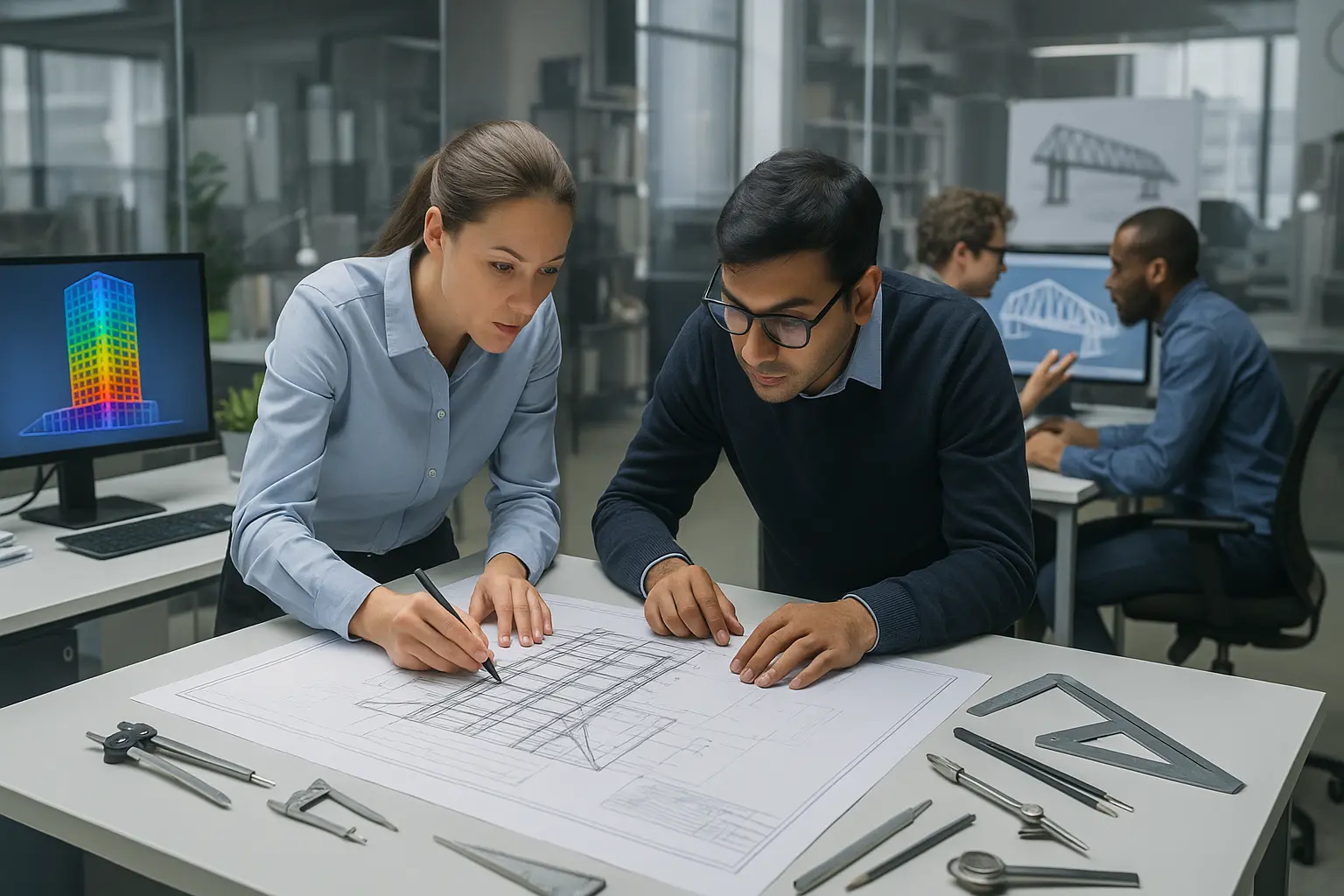 Two structural engineers collaborating over technical drawings in a modern office with digital building models on screens.