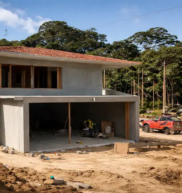 Construction site of a contemporary residential home in progress.