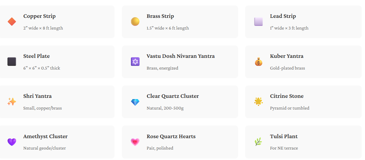 Vastu remedies product catalog showing copper strip, brass strip, lead strip, steel plate, Vastu Dosh Nivaran Yantra, Kuber Yantra, Shri Yantra, clear quartz cluster, rose quartz, citrine, amethyst cluster, rose quartz hearts, tulsi plant.