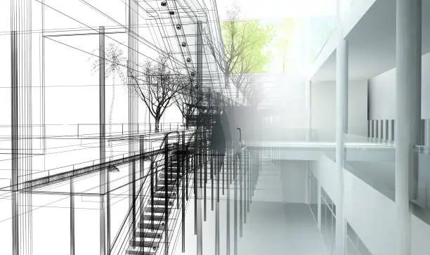 Architectural blueprint and modern interior render of a contemporary building.