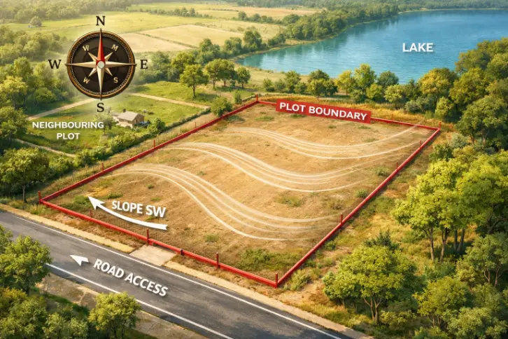 Aerial Vastu plot diagram showing south-west slope, red boundary, road access, neighboring plot, nearby lake with NSEW compass for plot vastu surroundings analysis.