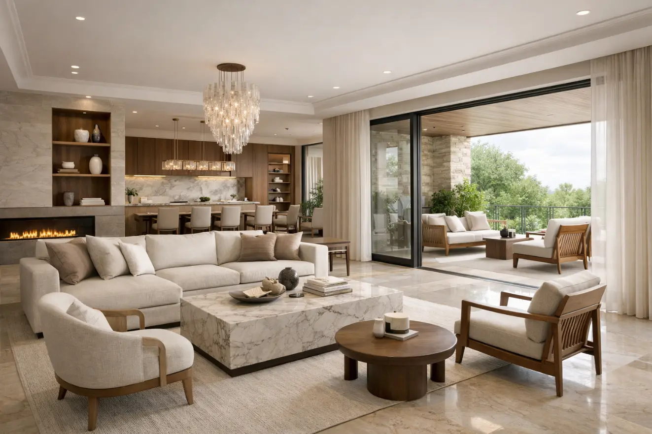 Luxury open-plan living room with marble finishes, neutral interiors, fireplace and seamless indoor-outdoor connection highlighting the role of architectural design planning.