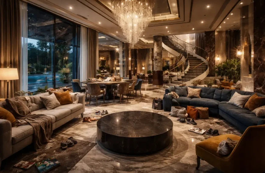 Lavish luxury living room with grand chandelier, marble flooring, oversized layout, and cluttered elements illustrating how poor design planning can undermine high-end architecture.