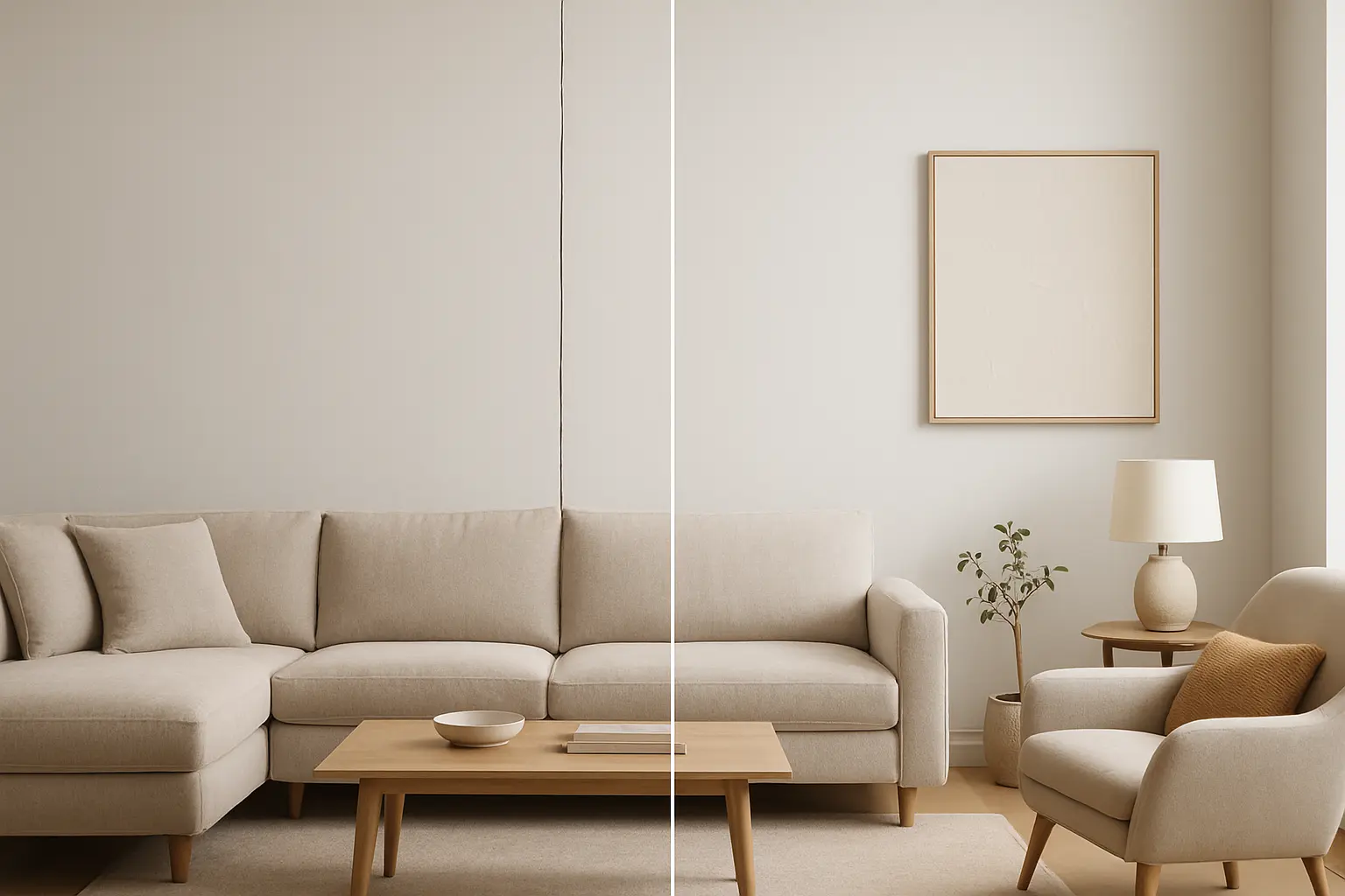 Split image minimalist living room: left shows visible wall seam above cream L-shaped sofa; right shows seamless wall with framed art, table lamp, armchair, wood coffee table.