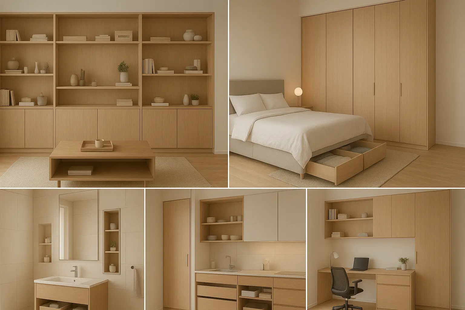 Collage of minimalist oak interiors: open wood shelving, beige bedroom with platform bed and wardrobe, modern bathroom vanity, workspace desk area.