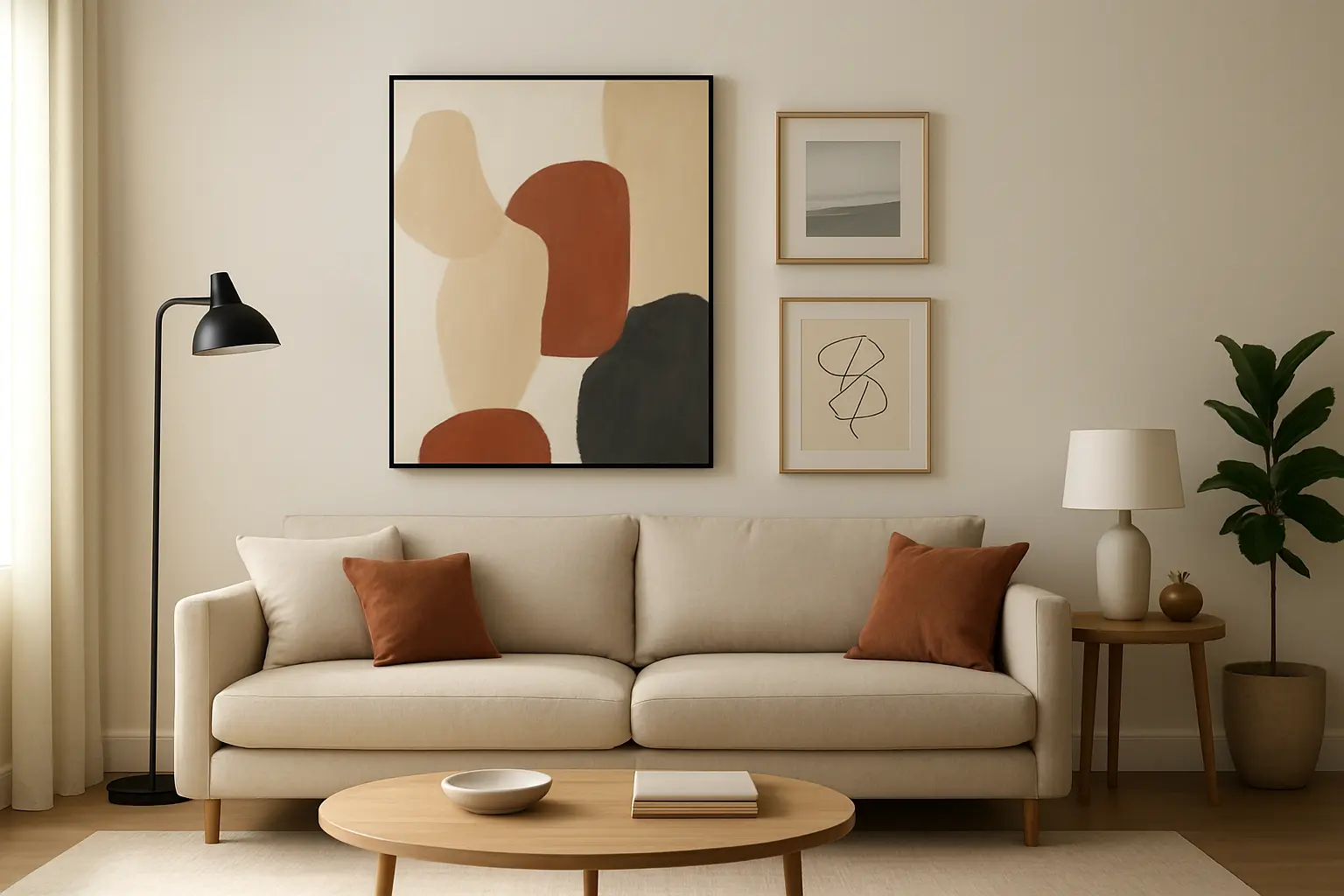 Minimalist living room with large terracotta-beige abstract painting, small neutral frames above cream sofa with orange pillows, arc lamp, plants, round wood coffee table, side table.