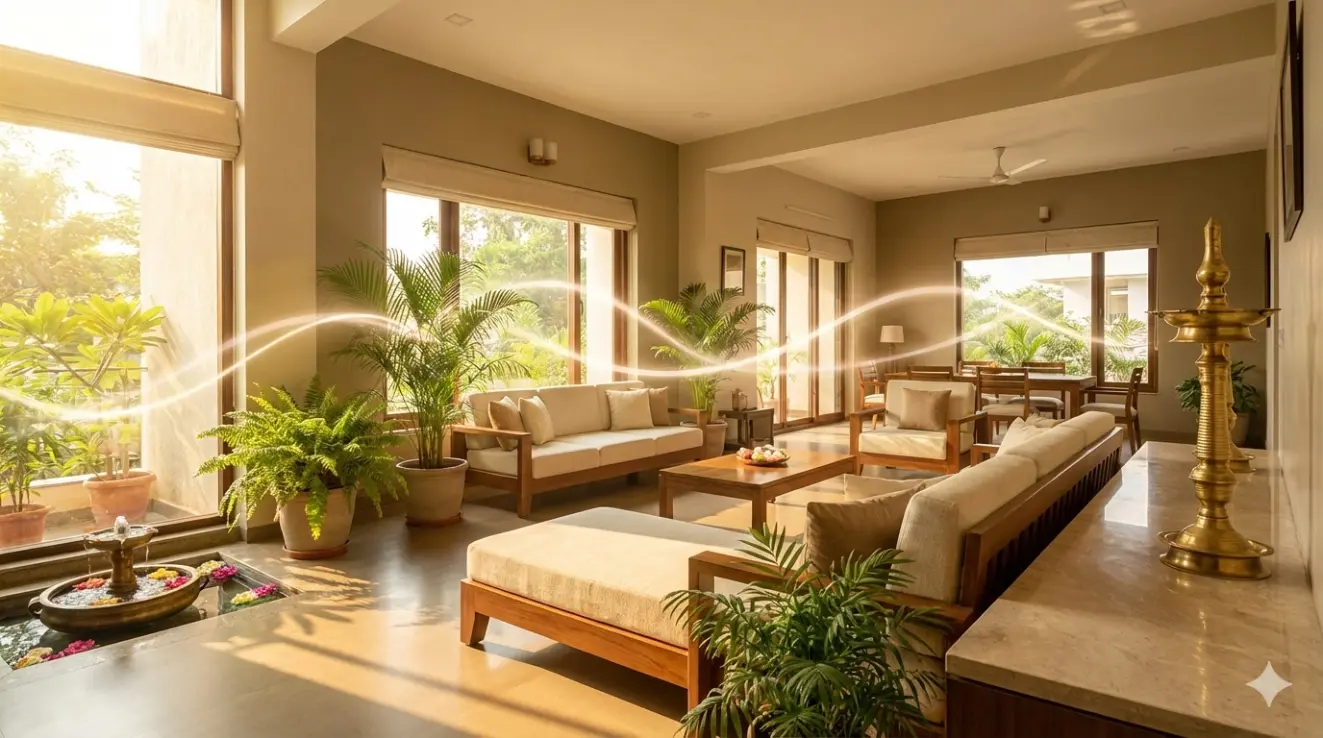 Vastu-compliant living room with natural light, indoor plants, wooden furniture and positive energy flow in a modern Indian home.