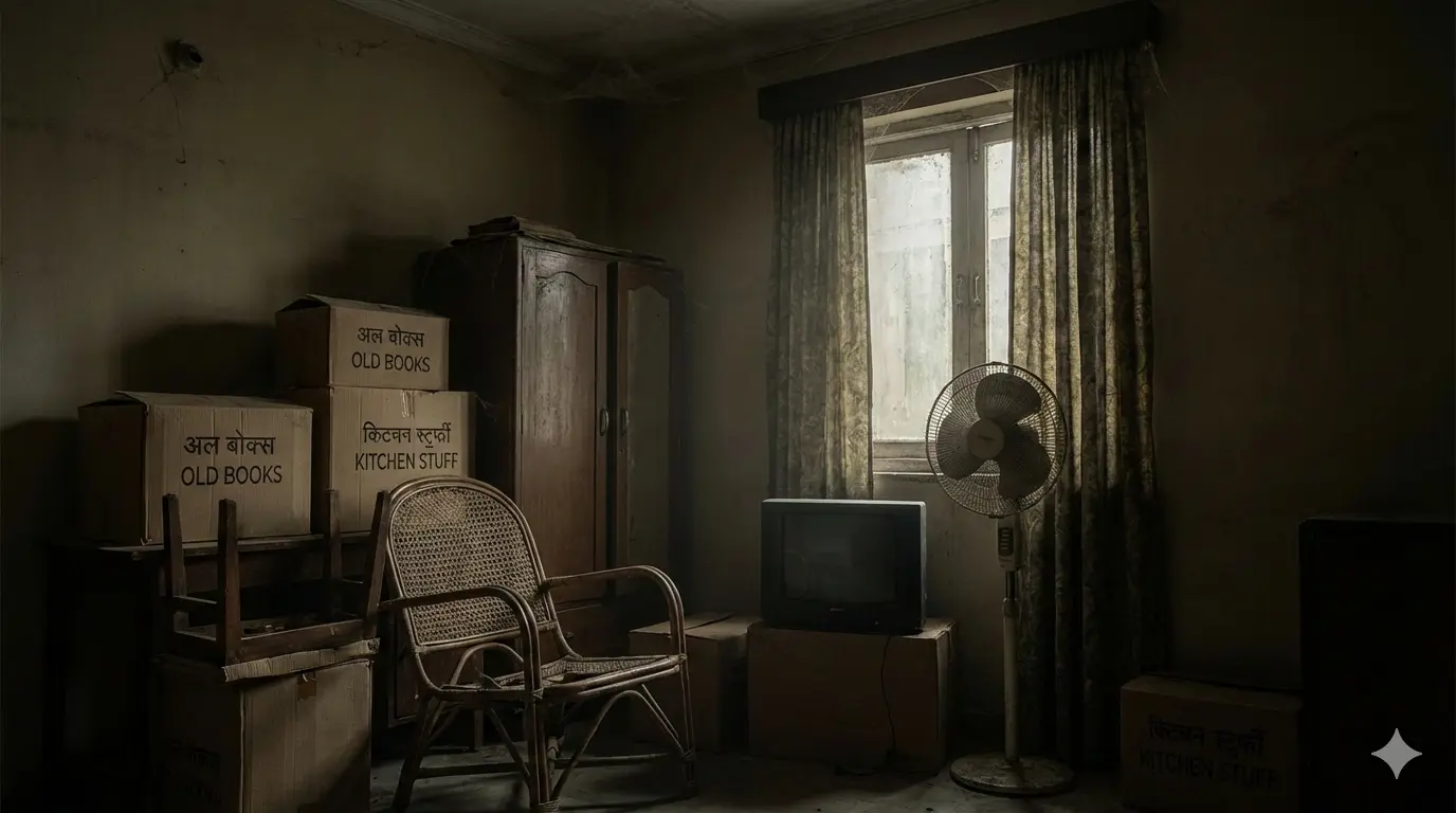Cluttered Indian room Vastu dosh with stacked boxes old books clothes kitchenware, wooden wardrobe cane chair old TV fan dim lighting green curtains Hindi labels.