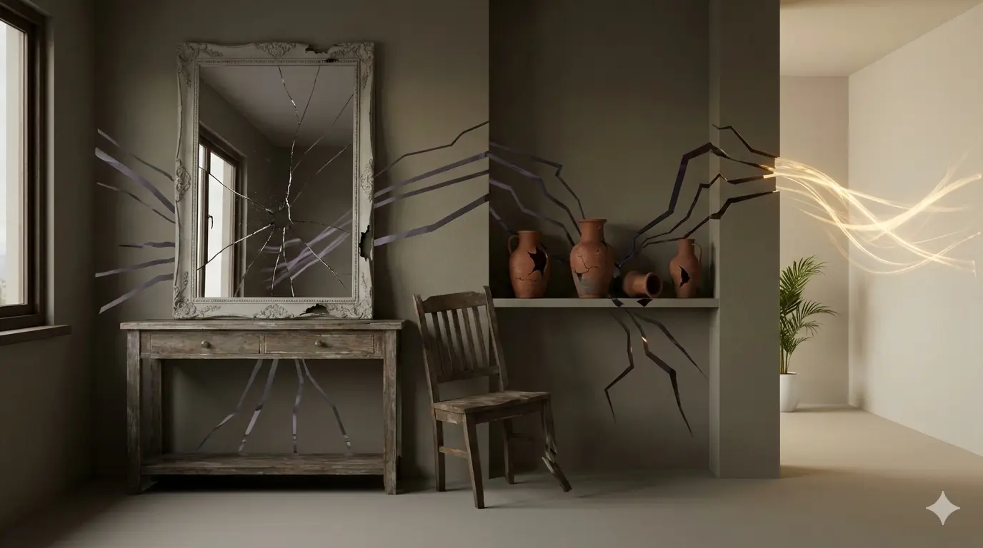 Broken mirror and damaged decor in a home interior symbolizing blocked energy flow and Vastu imbalance.