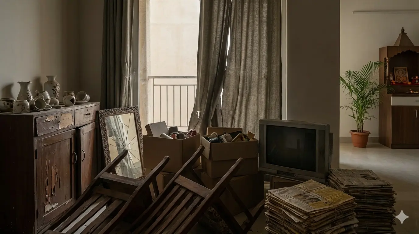 Cluttered Vastu dosh room with cardboard boxes old newspapers magazines broken furniture mirror old TV pooja shelf potted plant wooden almirah balcony view dim lighting.