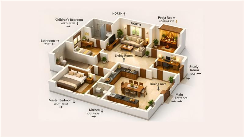 Vastu Shastra home layout showing ideal directions for living room, kitchen, bedrooms, pooja room, study and main entrance.