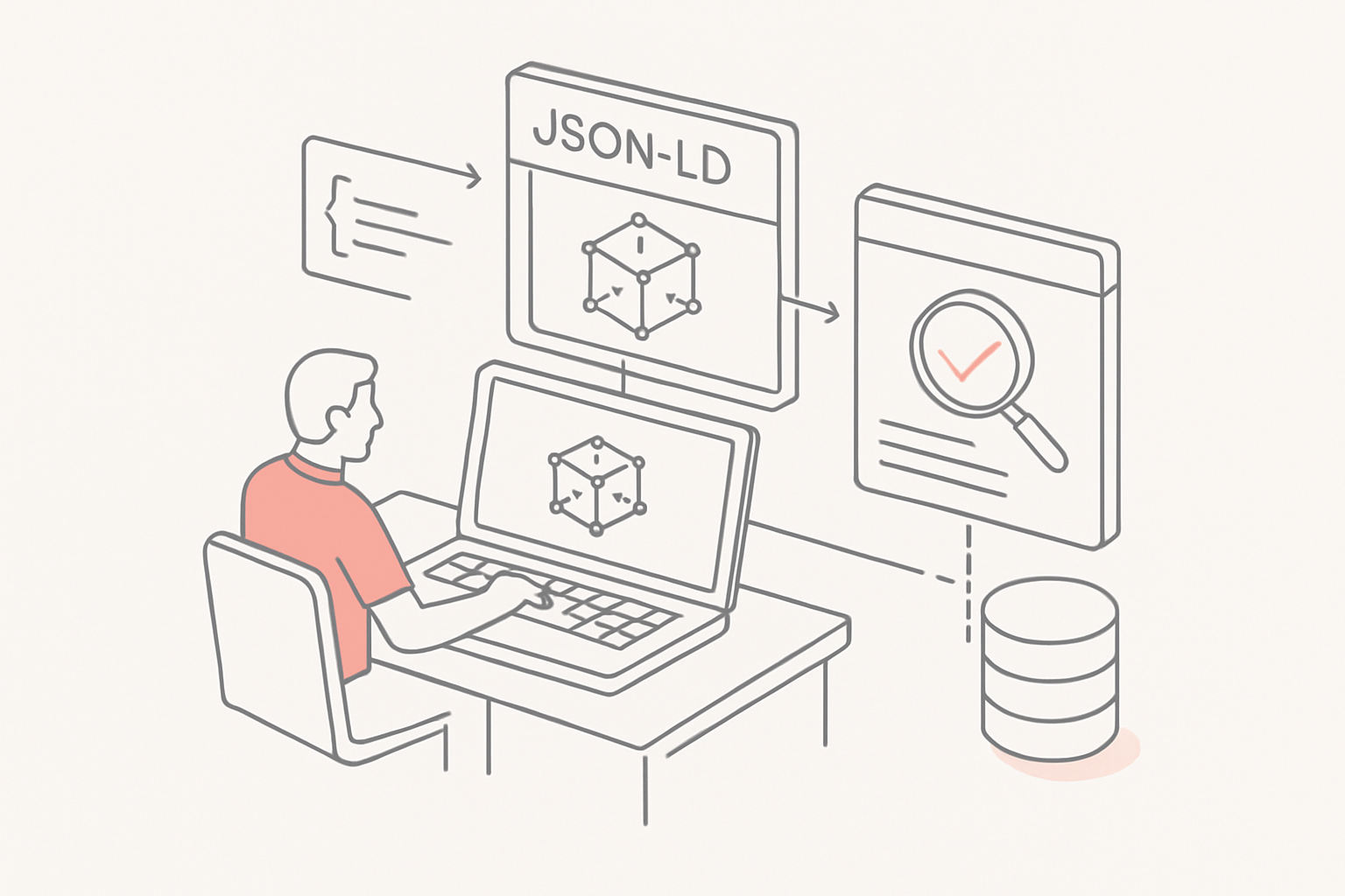 생성형 AI가 자체 홈페이지의 JSON-LD 스키마 마크업과 제3자 소스에 있는 데이터를 교차 검증하여 사실을 확인하는 과정을 묘사한 다이어그램.
