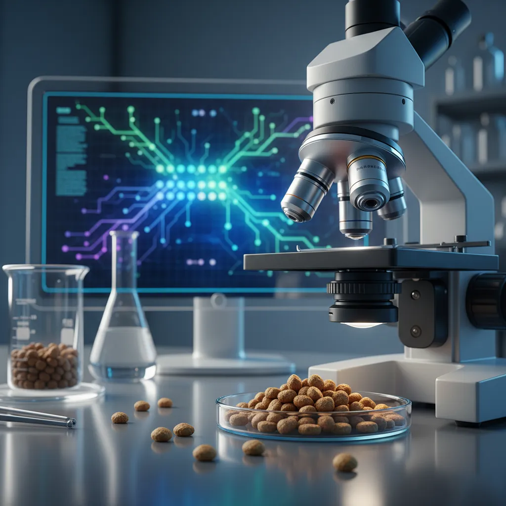 Scientific analysis of dog food ingredients on a lab bench, with a microscope on kibble and abstract data visualizations.