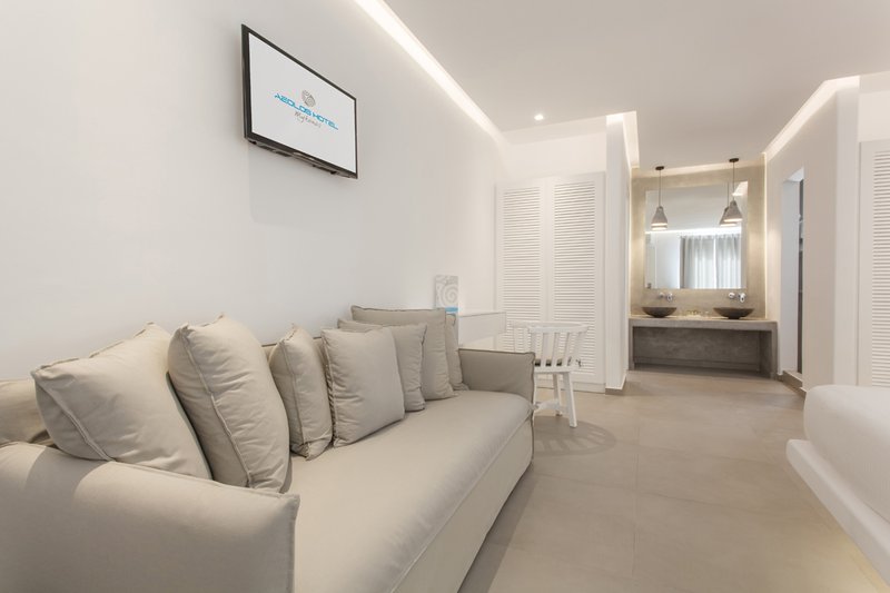 The sofa of the suite, with the pillows and the TV on the wall above them, the desk, the chair, and in the background the spacious counter with the wash basins and the huge mirror