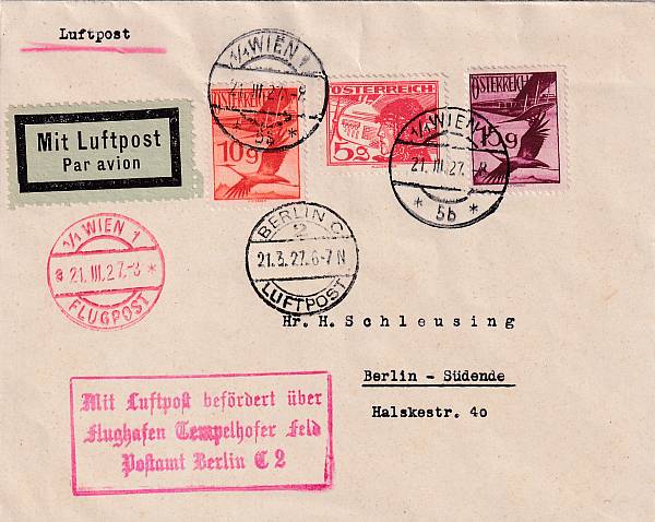 Flugpost Österreich vor 1945 | Erstflüge und erste Flugpostableitungen