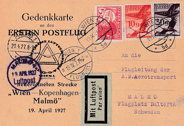 Flugpost Österreich vor 1945 | Erstflüge und erste Flugpostableitungen