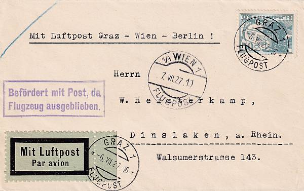 Flugpost Österreich vor 1945 | Flugunterbrechungs-/Flugausfallstempel