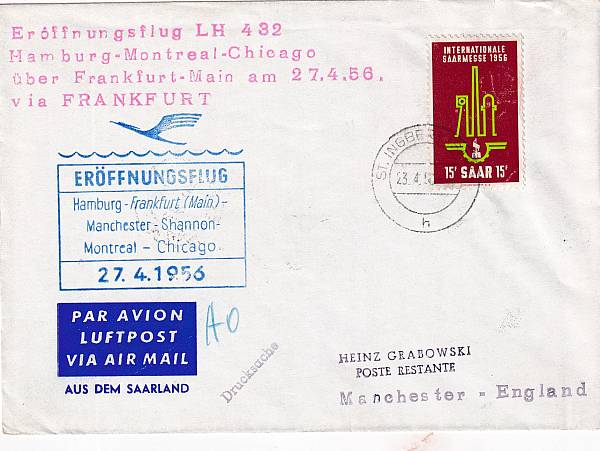 Flugpost Saarland | Fremde Flüge (Zuleitungen zu ausländischen Erst- und Sonderflügen)