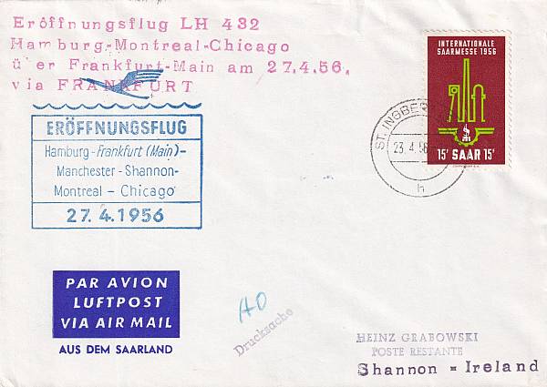 Flugpost Saarland | Fremde Flüge (Zuleitungen zu ausländischen Erst- und Sonderflügen)