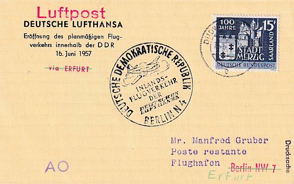 Flugpost Saarland | Fremde Flüge (Zuleitungen zu ausländischen Erst- und Sonderflügen)
