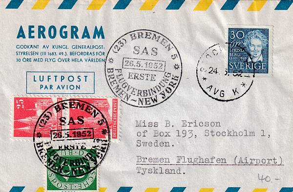 Flugpost Deutschland ab 1945 (ohne Lufthansa, DDR, Saar) | Erstflüge ab 1945 - ausländische Zuleitungen
