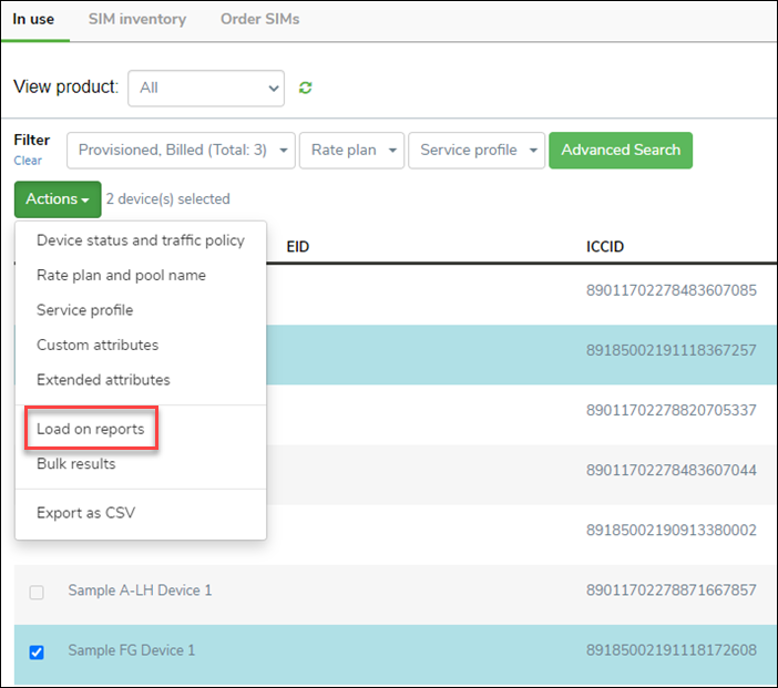 Actions to Load Devices on Report