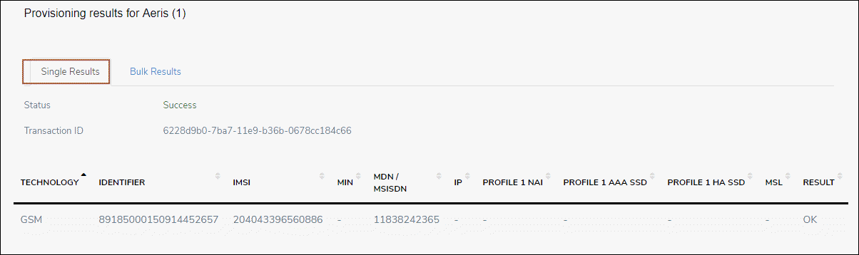 Single Device Provision Result