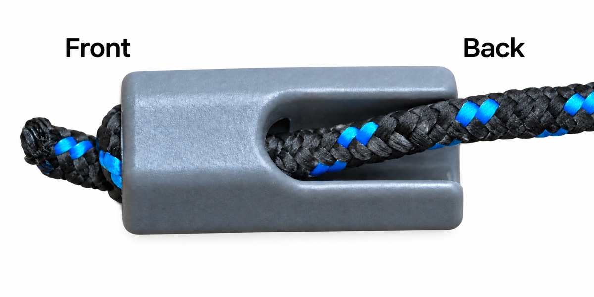 Close-up of the slotted support-cord toggle on white, labeled Front at the left and Back at the right.