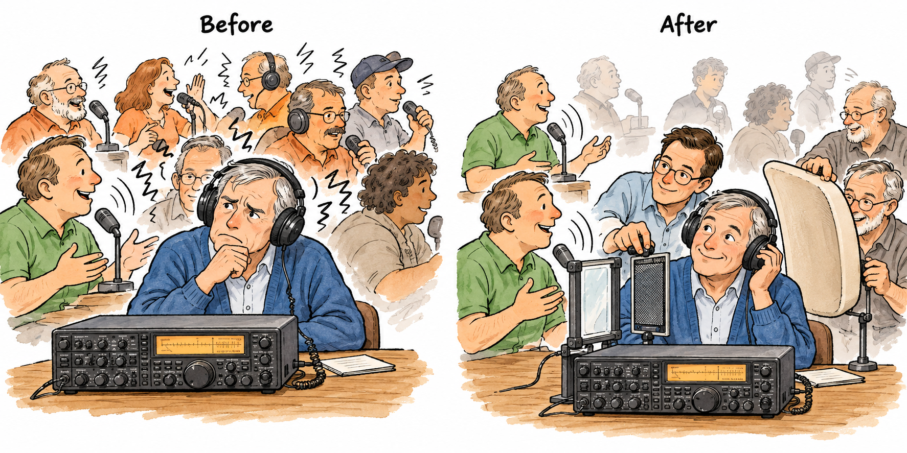 Before and after comparison of several receiver adjustments helping a listener follow a crowded conversation.