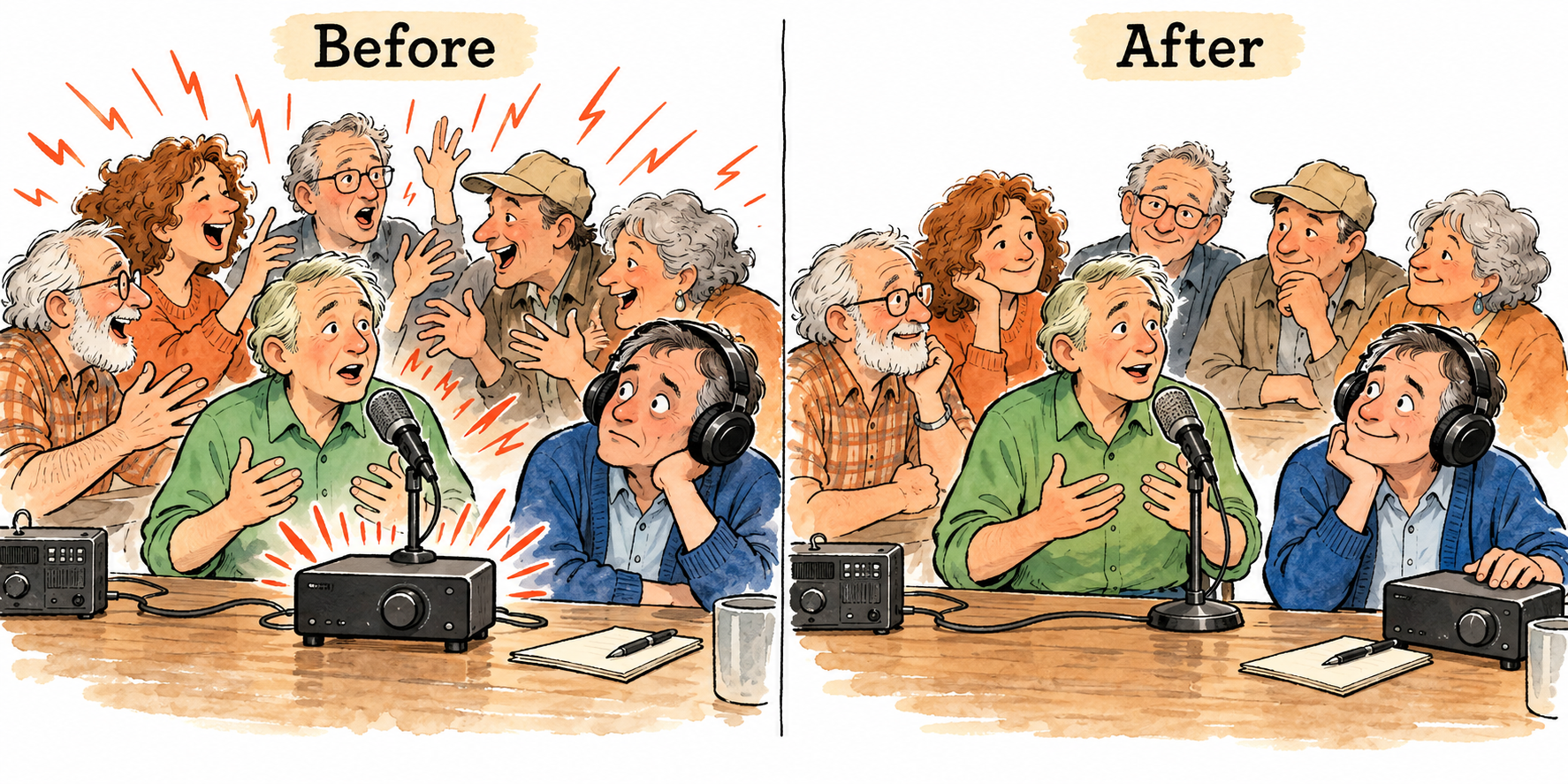 Before and after comparison of a receiver listening to a crowded room, illustrating that amplification raises noise along with the voice.