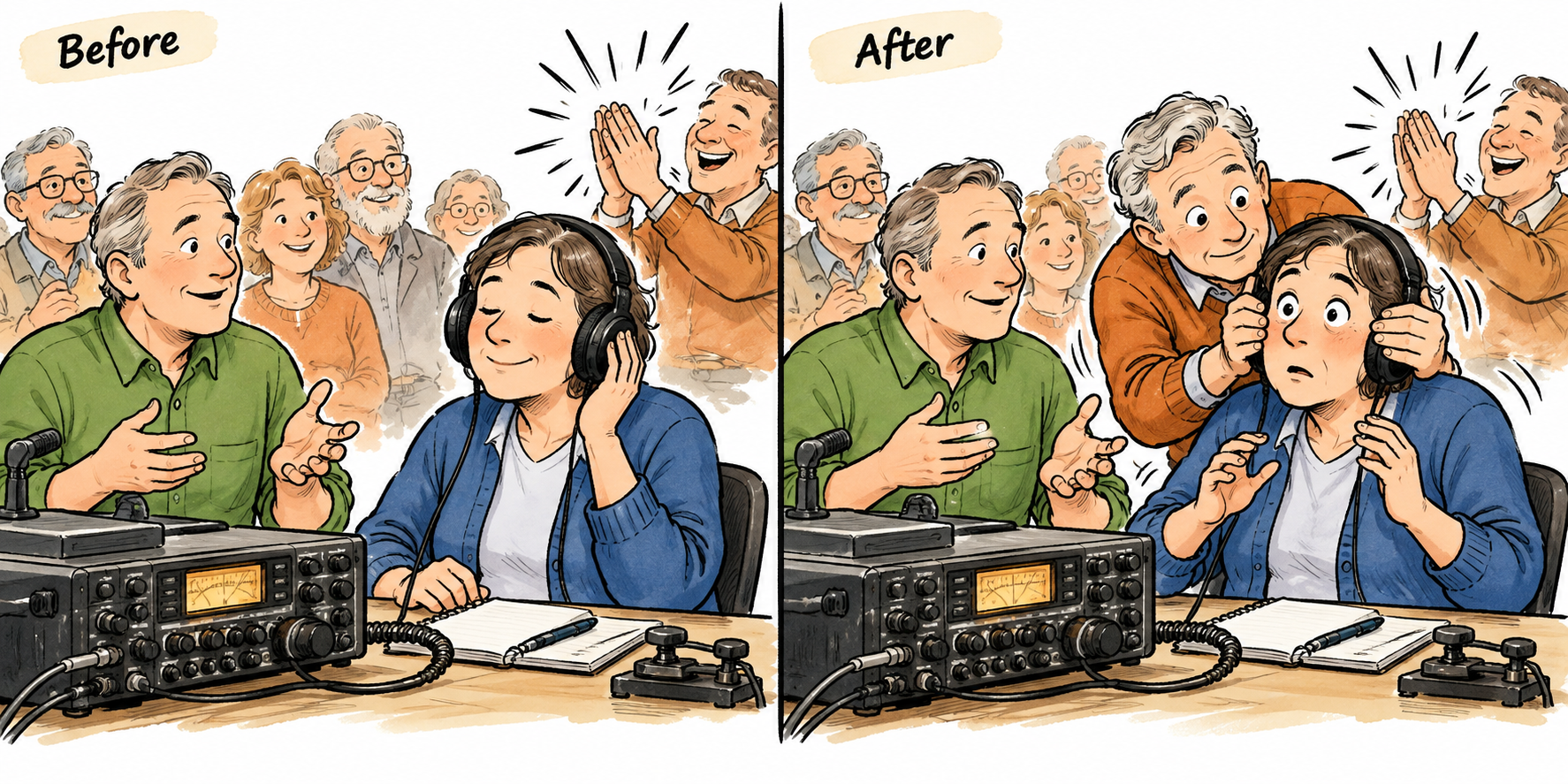 Before and after comparison of noise blanking reducing repeated sharp clicks during reception.