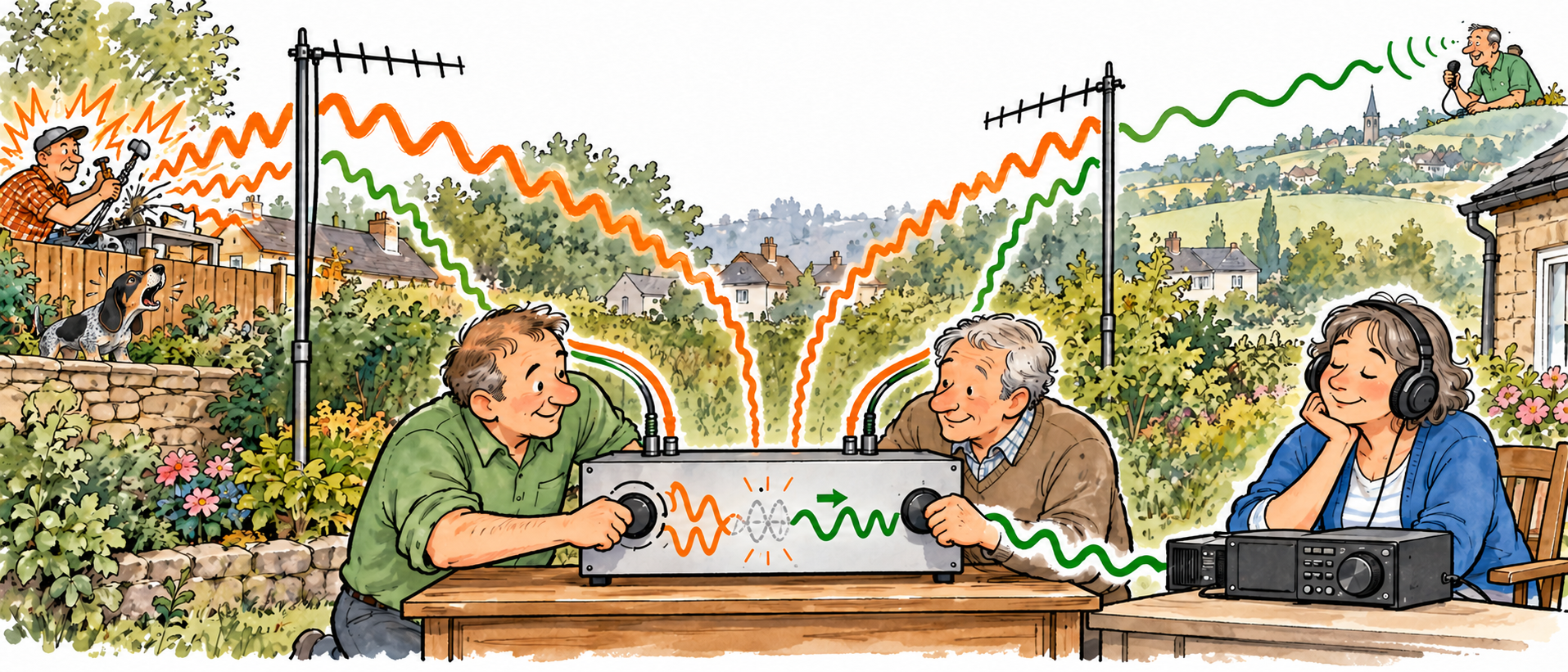 Two outdoor antennas feed an external phasing box that combines their signals before they reach the radio.